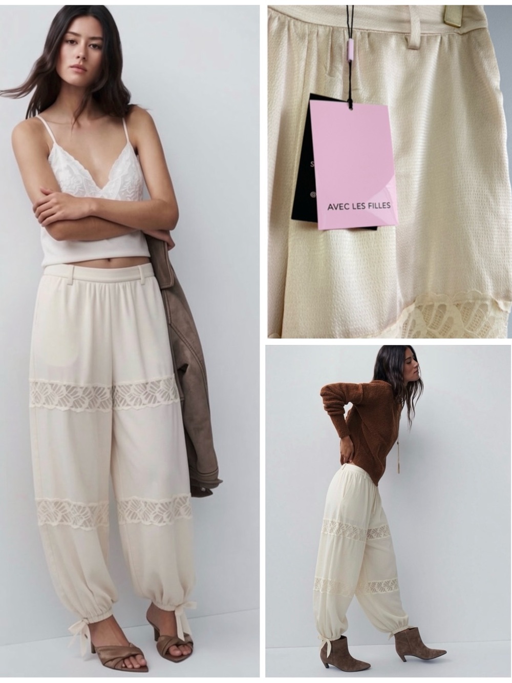 Satin Lace Balloon Pants Avec Les Filles Ivory Bow Tie Gathered High Rise Waist